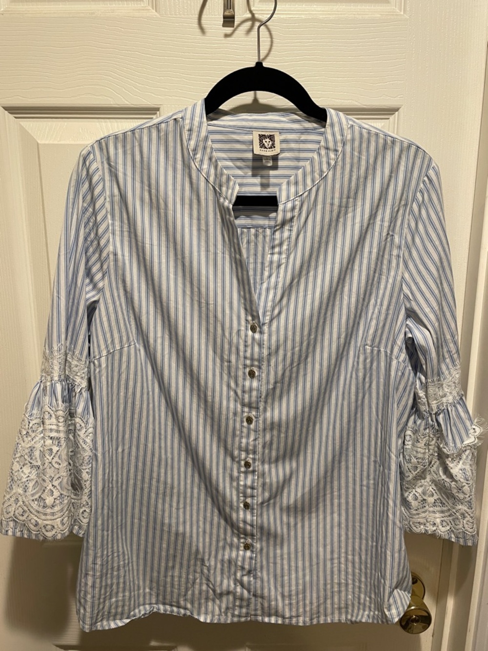 Anne Klein striped lace bell sleeve button down blouse